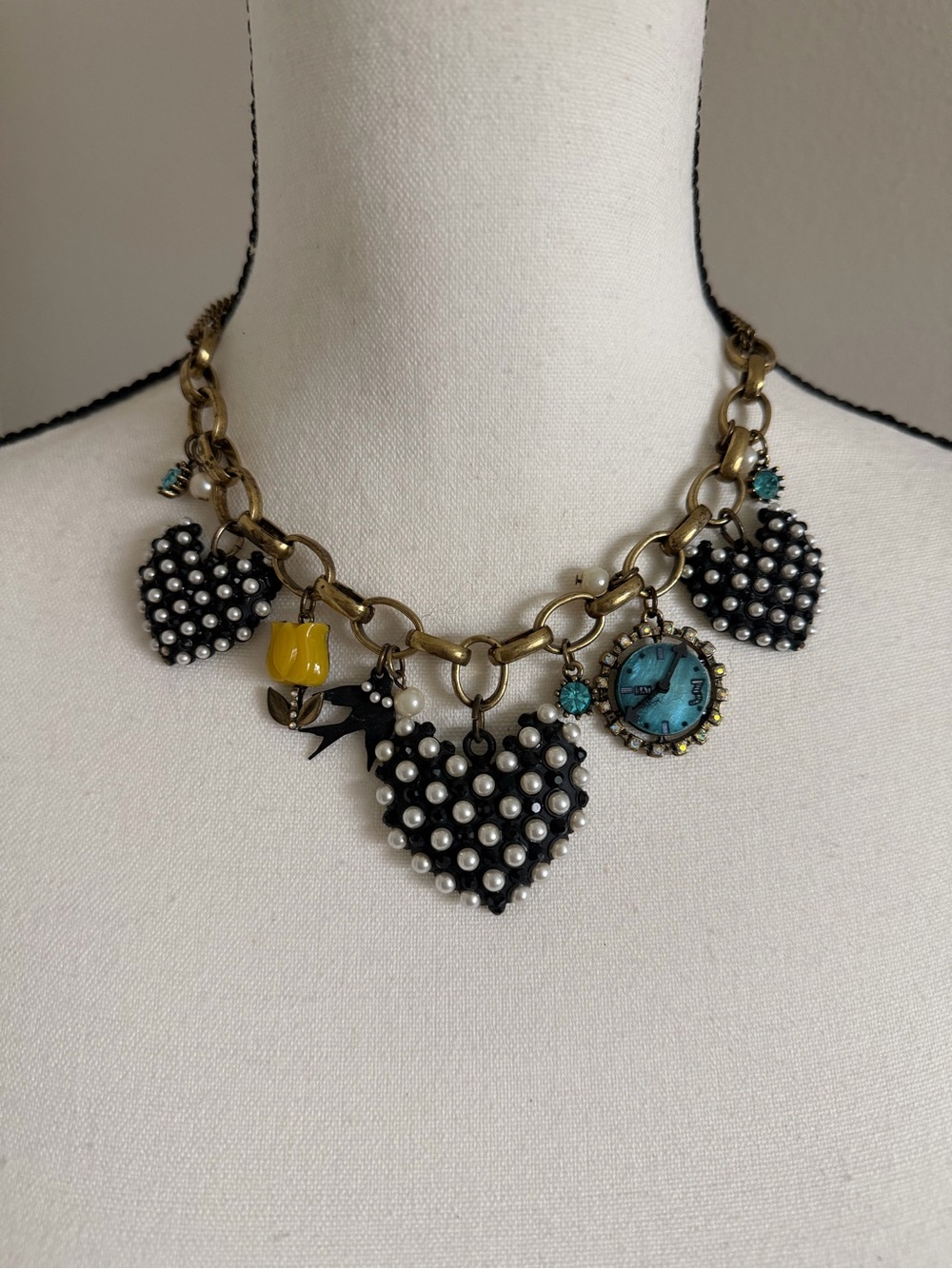 Betsy Johnson Time Flies Pearl-Embellished Black Heart Charm Necklace